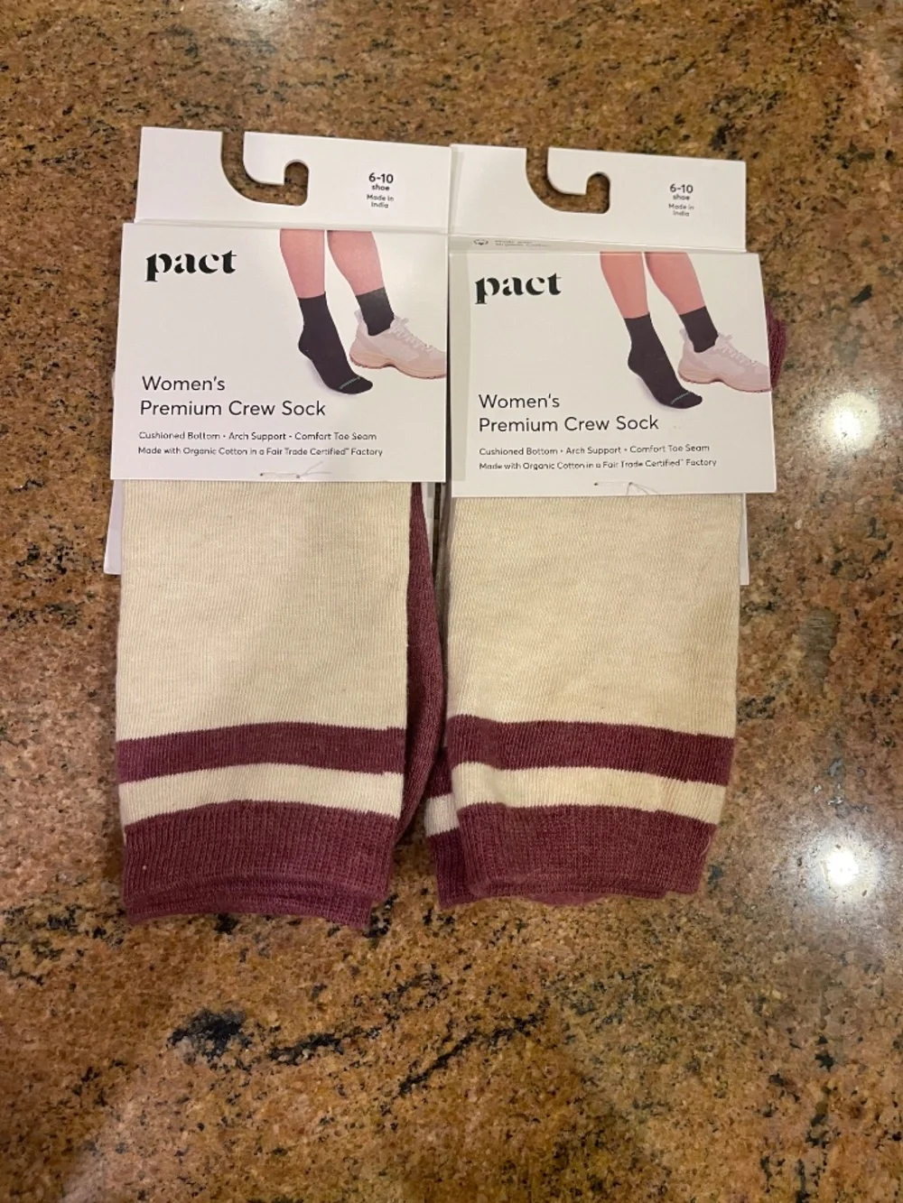 Pact Rose Pink Stripe  Premium Crew Socks Two Pair NWT!